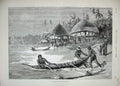 Original Old Antique Print 1889 Fine Art Village Nicobar Islands Men Boat Huts