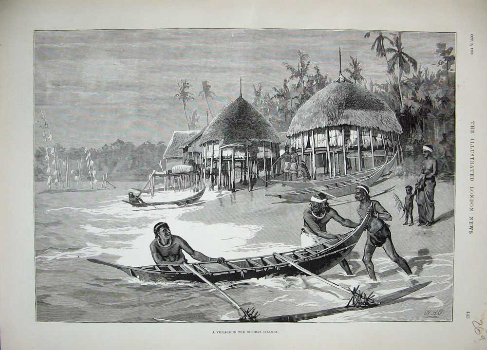 Original Old Antique Print 1889 Fine Art Village Nicobar Islands Men Boat Huts