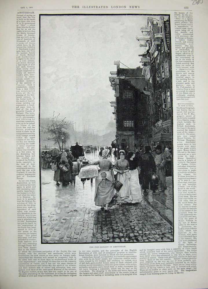 Old Antique Print 1889 Fine Art Fish Market Amsterdam Town Street People 19th