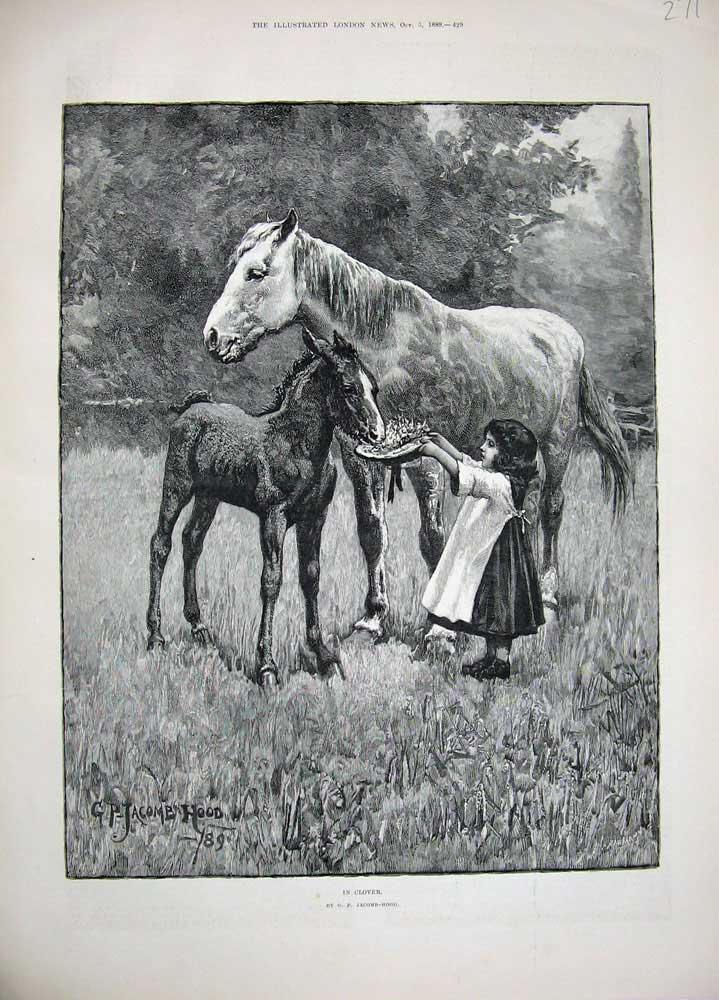 Original Old Antique Print 1889 Jacomb-Hood Fine Art Little Girl Feeding Horses