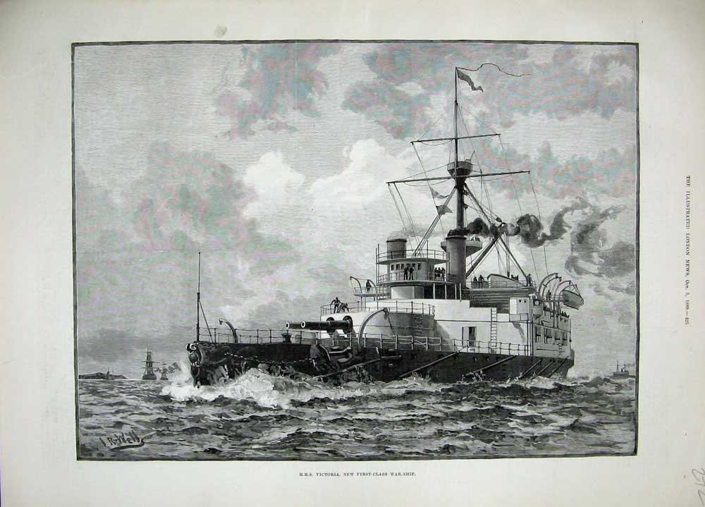 Old Antique Print 1889 Wells Fine Art H.M.S Victoria First-Class War Ship 19th