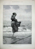 Old Antique Print 1889 Caffieri Fine Art Young Shrimper Basket Sea Girl 19th