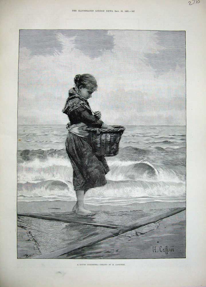 Old Antique Print 1889 Caffieri Fine Art Young Shrimper Basket Sea Girl 19th