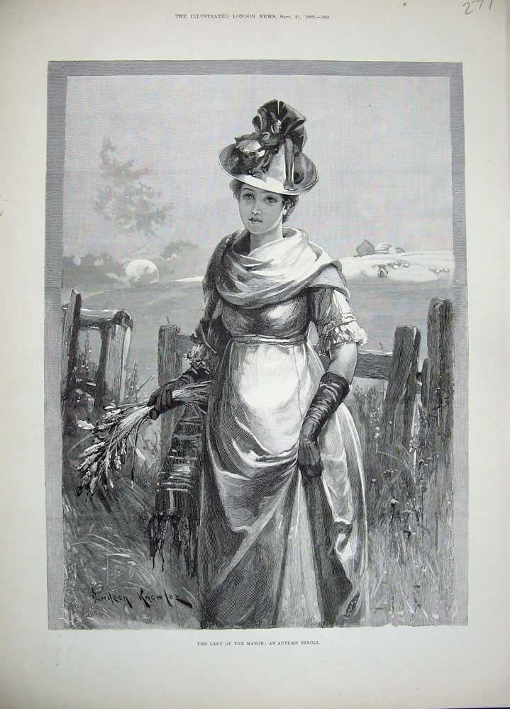 Old Antique Print 1889 Knowles Fie Art Lady Manor Autumn Country Flowers 19th