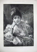 Old Antique Print 1889 Conrad Kiesel Fine Art Portrait Beautiful Lady Fan 19th