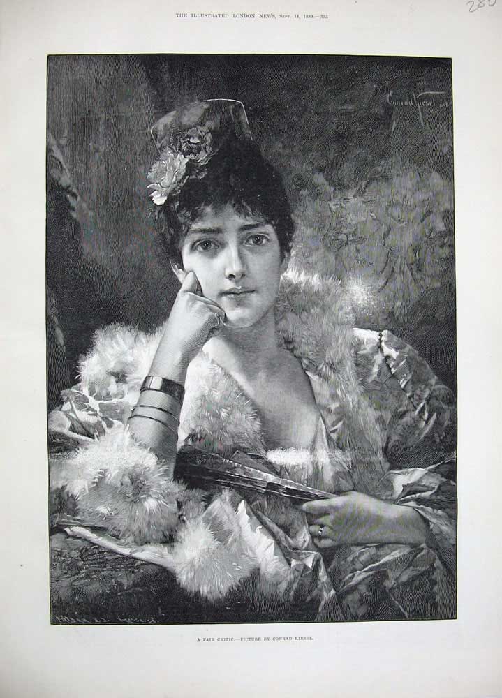 Old Antique Print 1889 Conrad Kiesel Fine Art Portrait Beautiful Lady Fan 19th
