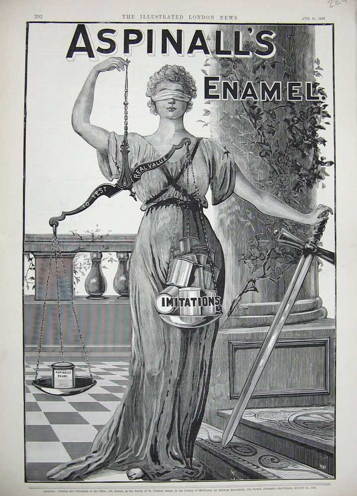 Old Antique Print 1889 Advertisement Aspinall'S Enamel Lady Statue Sword 19th