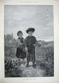 Old Antique Print 1889 Munich Fine Art Hans Greta Children Country Flower 19th