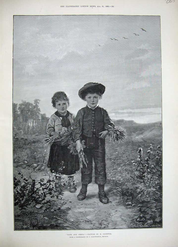 Old Antique Print 1889 Munich Fine Art Hans Greta Children Country Flower 19th