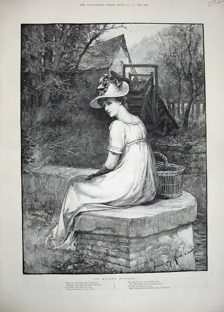 Old Antique Print 1889 Knowles Fine Art Miller'S Daughter Lady Mill River 19th