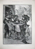 Original Old Antique Print 1889 Fine Art Tourists Children Town Street People