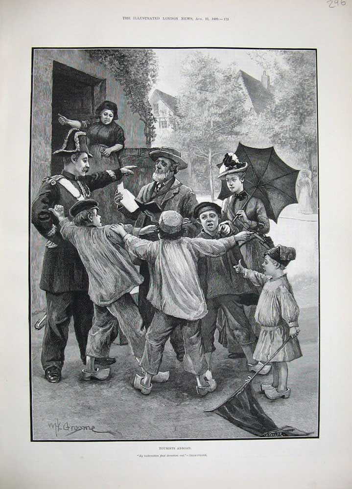 Original Old Antique Print 1889 Fine Art Tourists Children Town Street People