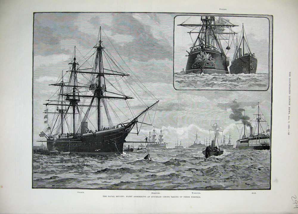 Old Antique Print 1889Naval Review War Ship Spithead Volage Hercules Ajax 19th