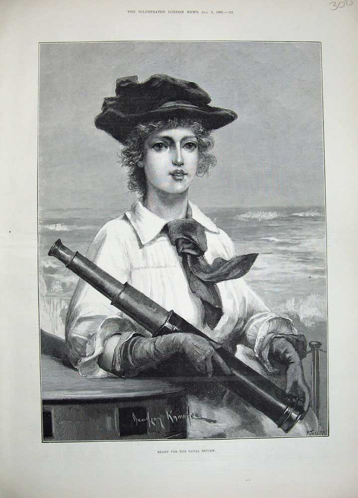 Original Old Antique Print 1889 Knowles Fine Art Portrait Woman Lady Telescope