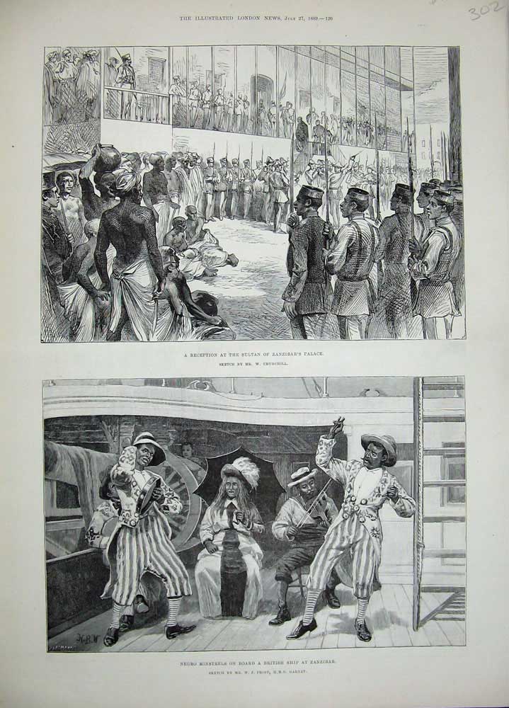 Old Antique Print 1889 Sultan Zanzibar'S Palace Negro Minstrels Ship War 19th