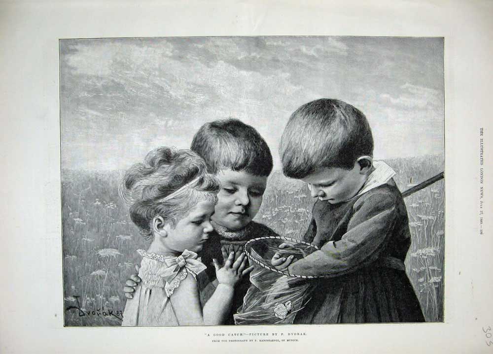 Old Antique Print 1889 Fine Art Children Catching Butterflies Net Country 19th