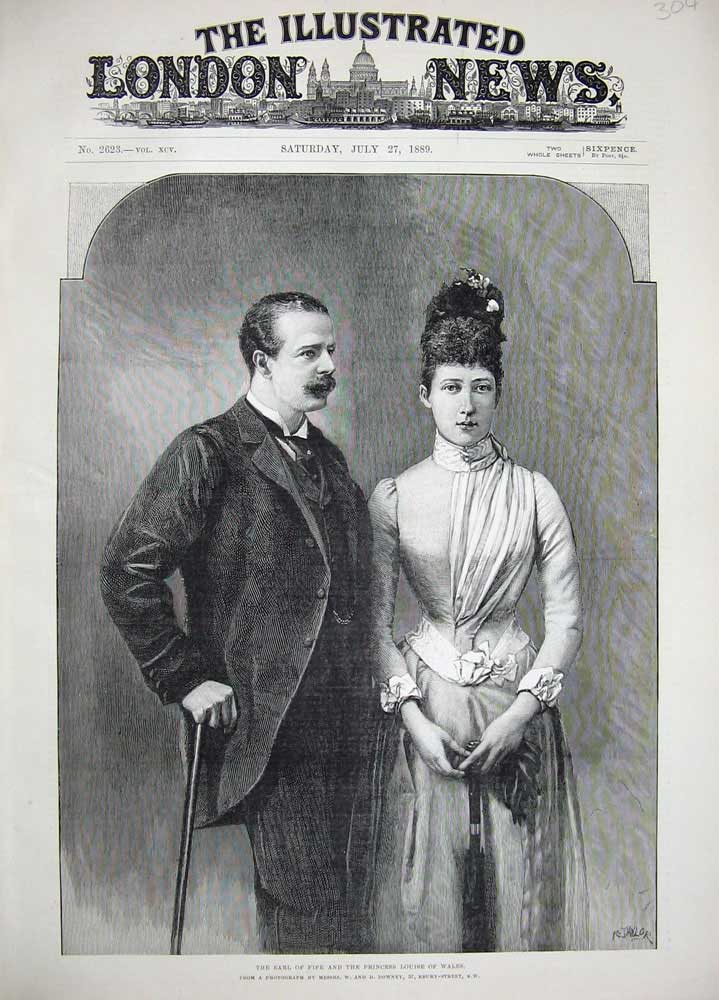 Old Antique Print 1889 Earl Fife Princess Louise Wales Portrait Royalty 19th