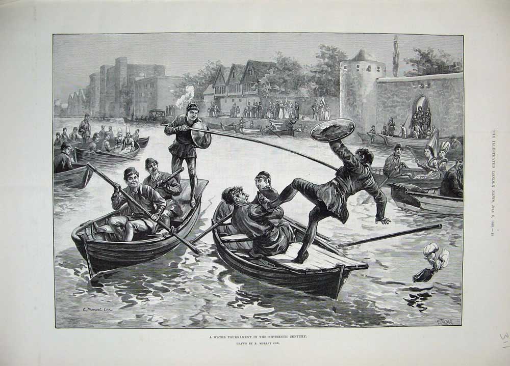 Original Old Antique Print 1889 Water Tournament Jousting River Boats Sport Men