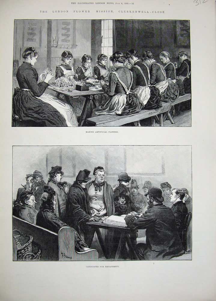 Original Old Antique Print 1889 London Flower Mission Work Clerkenwell-Close