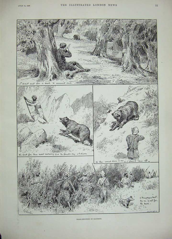 Old Antique Print 1889 Shah Sheffield Steel Works Bear Shooting Kashmir 19th