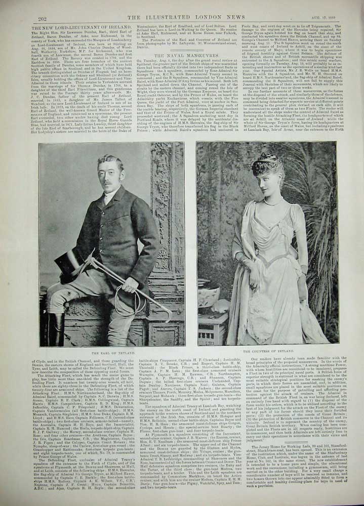 Original Old Antique Print 1889 War Ships Yacht German Osborne Earl Zetland