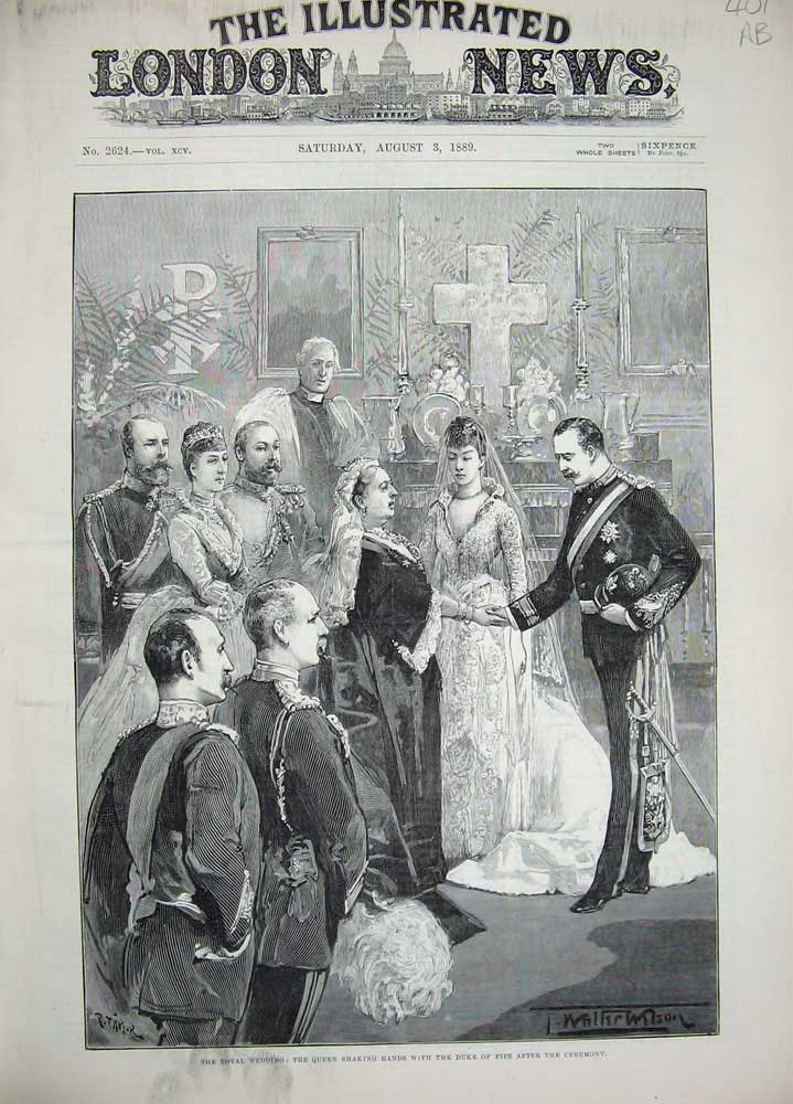 Antique Old Print 1889 Royal Wedding Queen Duke Fife Princess Louise Gift 19th