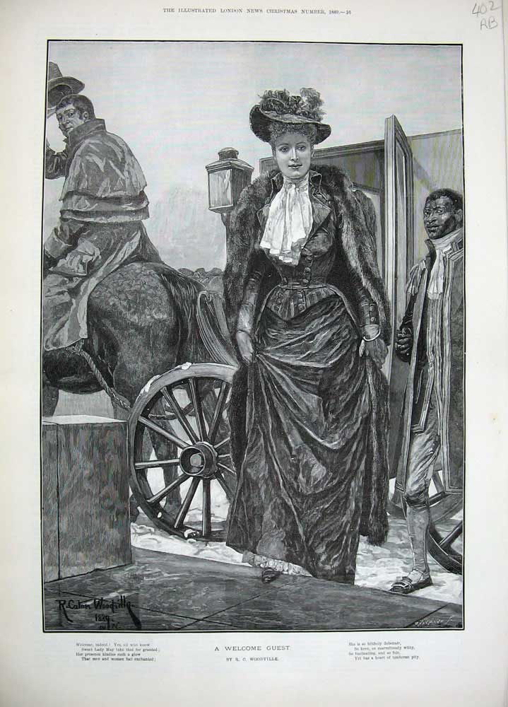 Old Antique Print 1889 Woodville Fine Art Lady Horse Carriage Children 19th
