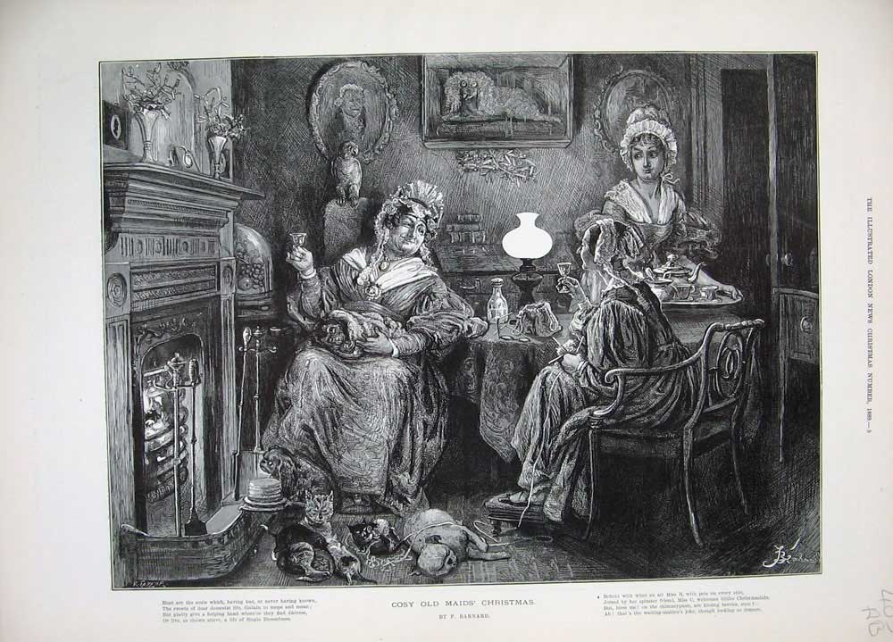 Original Old Antique Print 1889 Maids Christmas Bachelor'S Dinner Barnard Art