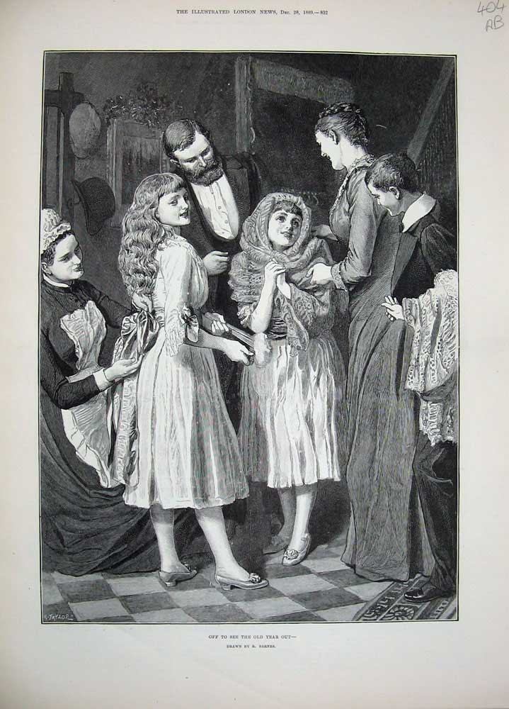 Antique Old Print 1889 Fine Art Children New Year Maid Family Home Barnes 19th