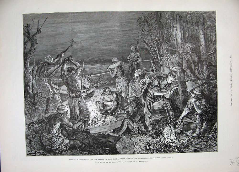 Antique Old Print 1889 Stanley Emin Pasha Wood-Cutting Camp Kinshassa Tib 19th