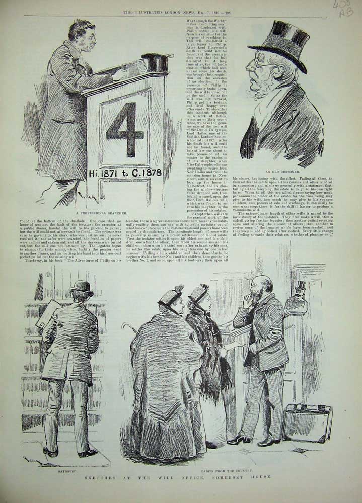 Original Old Antique Print 1889 Will Office Somerset House Men Sketch 19th