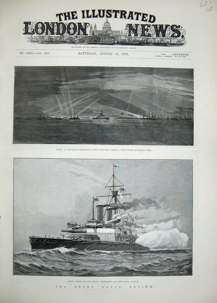 Old Antique Print 1889 War Ships Spithead Anson Southsea Tyron Baird Men 19th