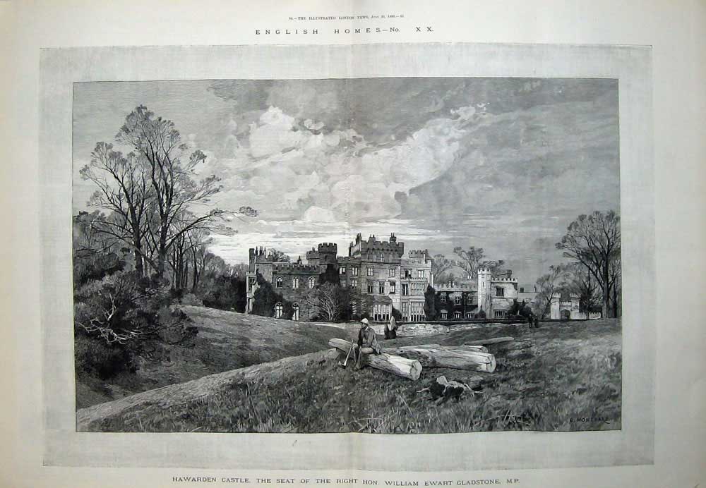 Old Antique Print 1889 English Homes Hawarden Castle William Gladstone 19th