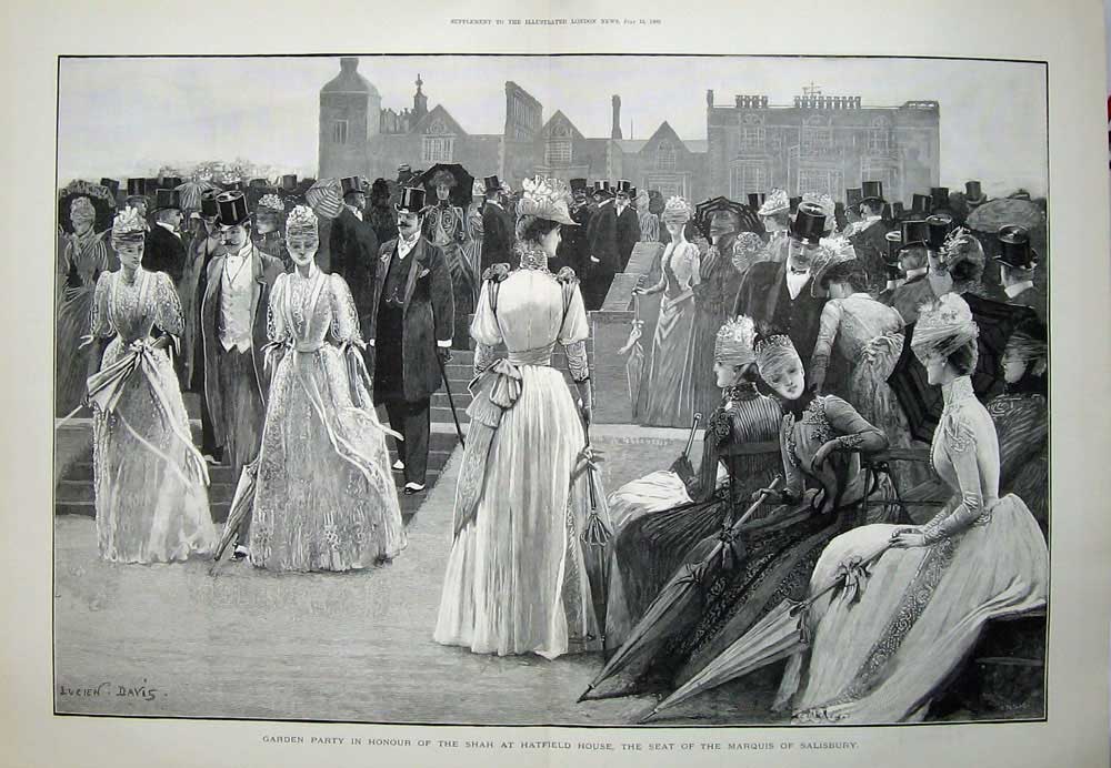 Antique Old Print 1889 Garden Party Shah Hatfield House Salisbury Marquis 19th