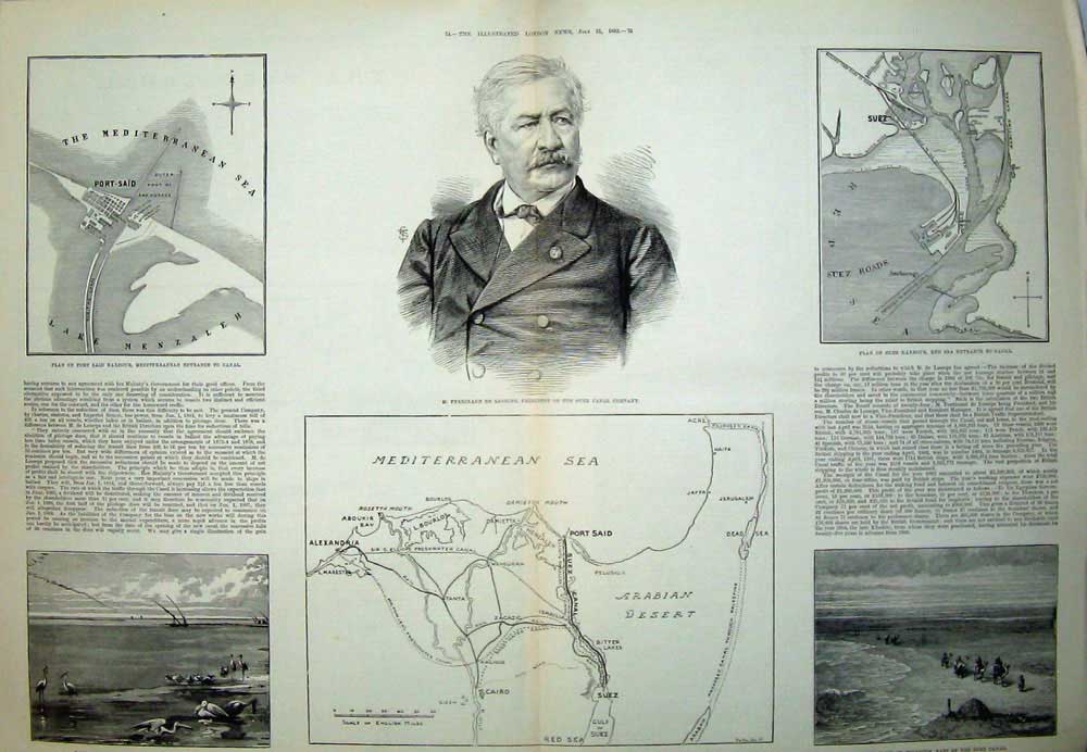 Old Antique Print 1889 Plan Suez Canal Ferdinand Lesseps Port Said Lake 19th
