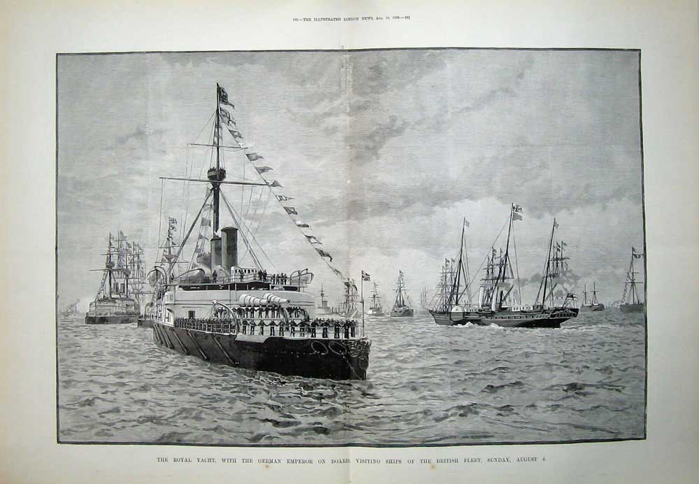 Old Antique Print 1889 Royal Yacht German Emeror British War Ships Sea 19th
