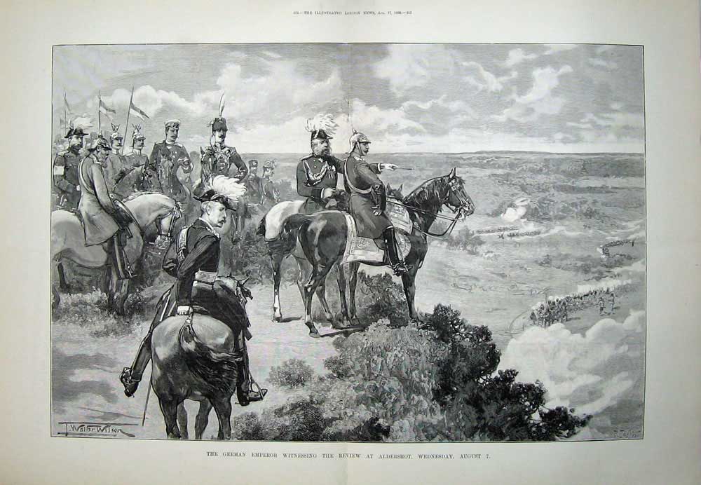 Original Old Antique Print 1889 German Emperor Review Aldershot War Horses Art