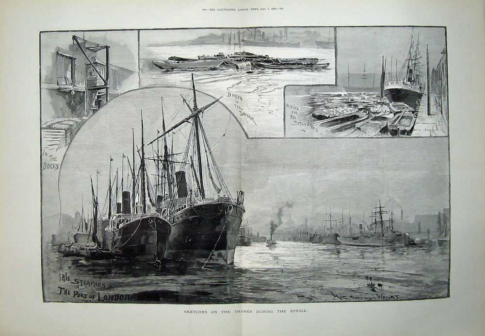 Antique Old Print 1889 Steamers Ships River Thames London Barges Fine Art 19th