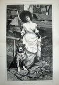 Original Old Antique Print 1889 Beautiful Lady Woman Dog Waiting Boat Fine Art