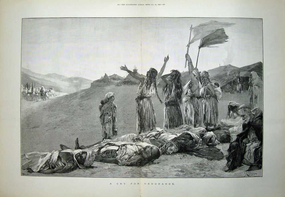 Original Old Antique Print 1889 War Natives Dead Men Bodies Flags Fine Art