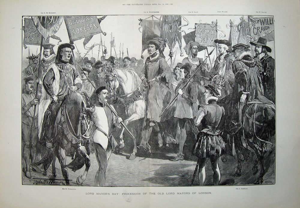 Old Antique Print 1889 Lords Mayor London Procession Horses Street Town 19th