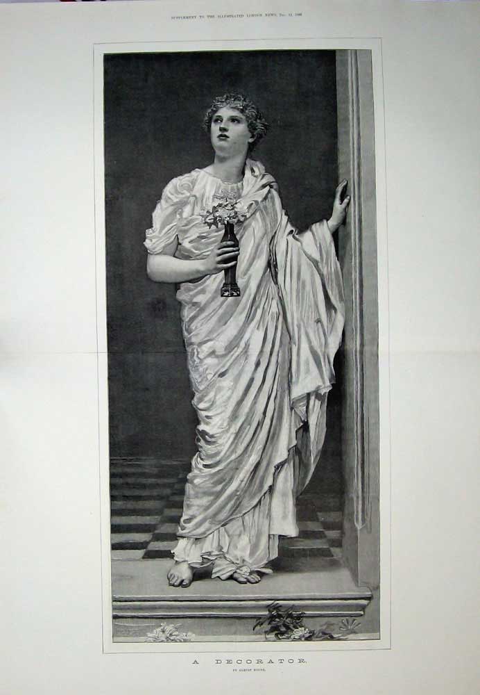 Original Old Antique Print 1889 Albert Moore Fine Art Decorator Lady Flowers