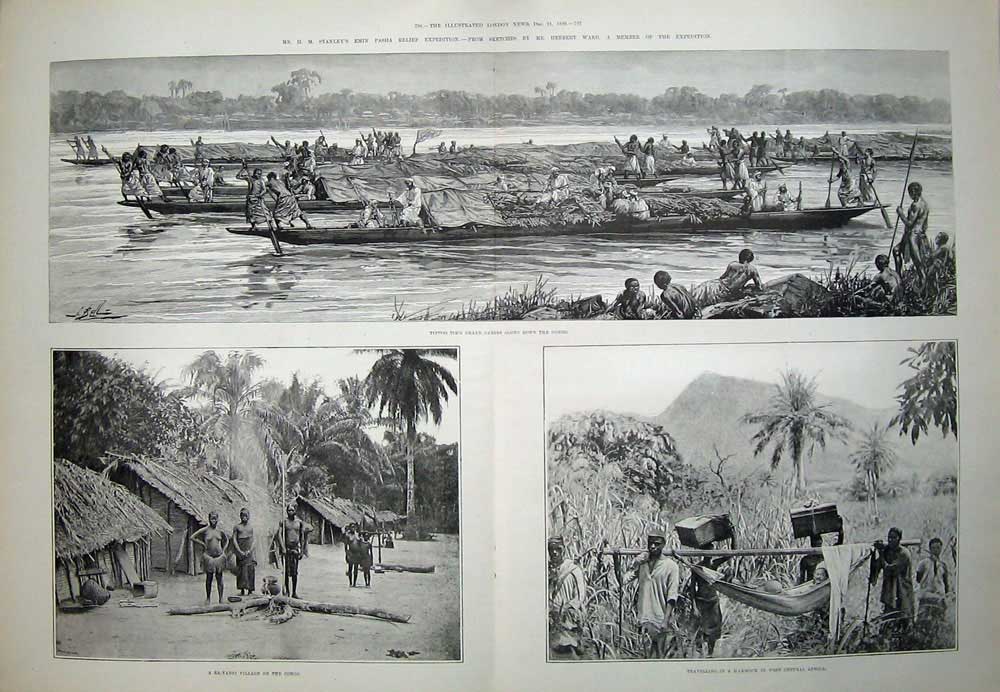 Old Antique Print 1889 Stanley Emin Pasha Tippoo Tib Canoes Congo Africa 19th