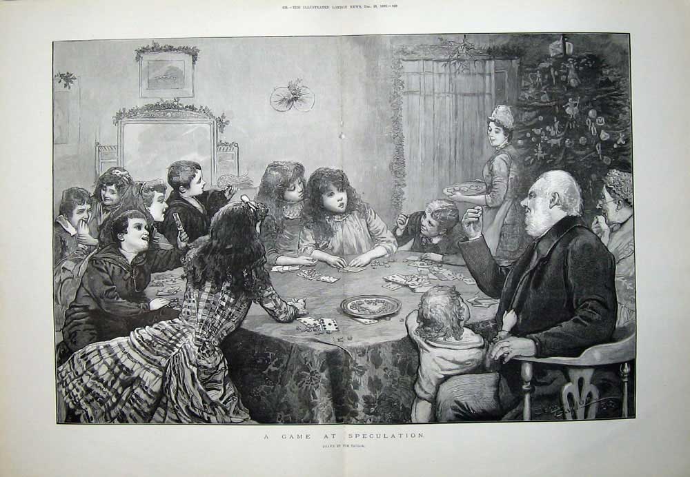 Original Old Antique Print 1889 Man Lady Table Game Children Tom Taylor Art