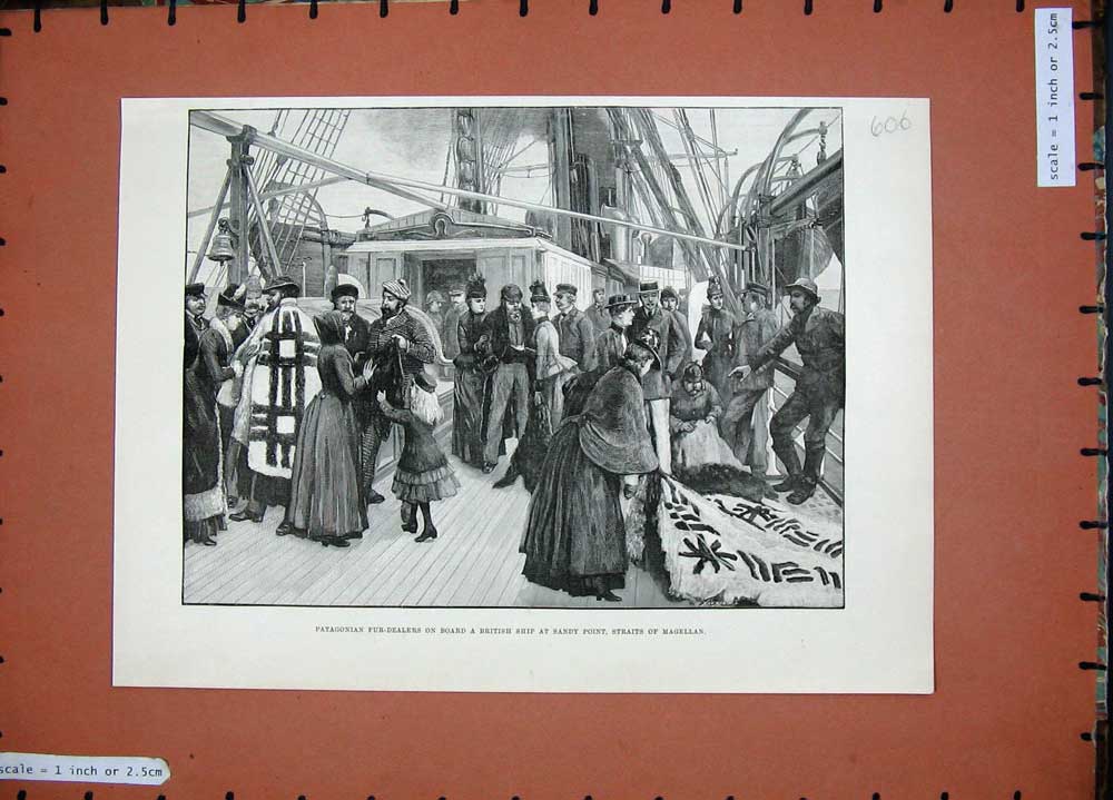 Old Antique Print 1889 Patagonian Fur Dealers British Ship Sandy Magellan 19th