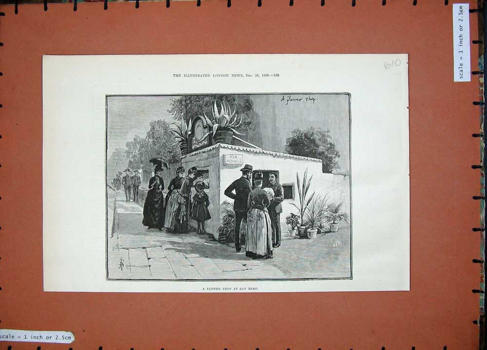 Old Antique Print 1889 Flower Shop San Remo Women Children Umbrella Art 19th