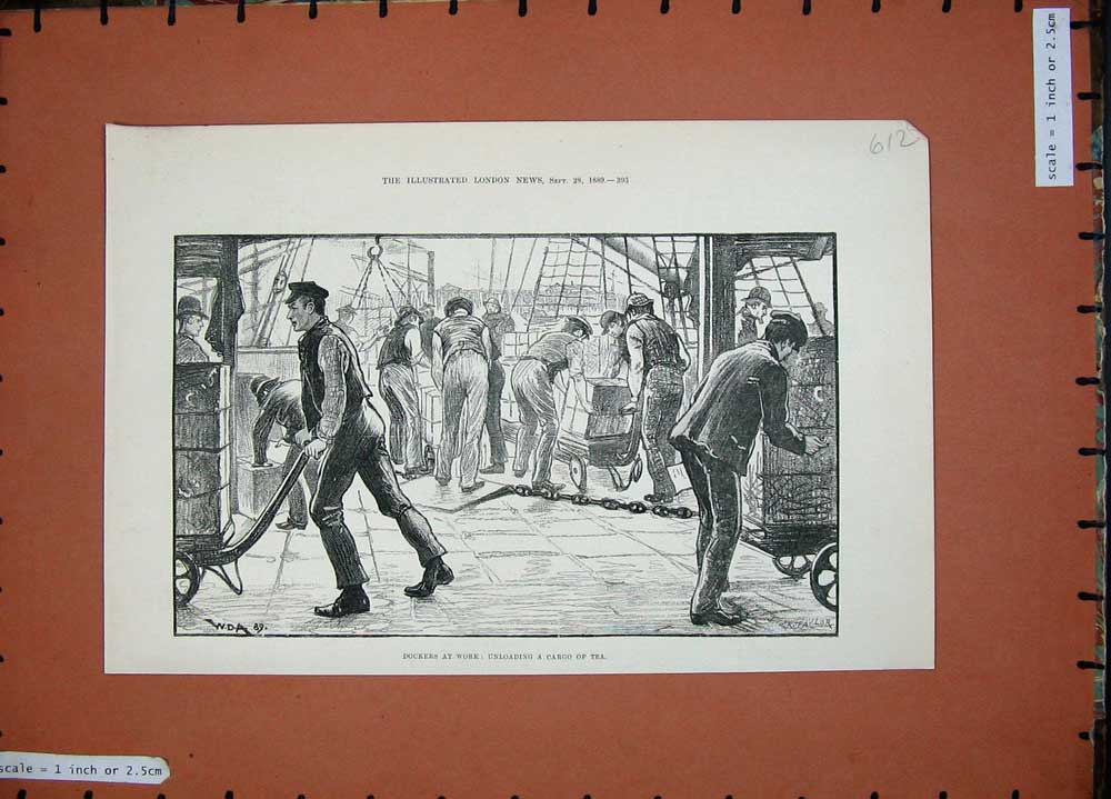 Original Old Antique Print 1889 Dockers Unloading Cargo Tea Ship Men Working