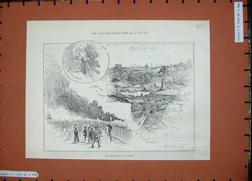 Original Old Antique Print 1889 Fire Antwerp Explosion Buildings Ruins Sketch
