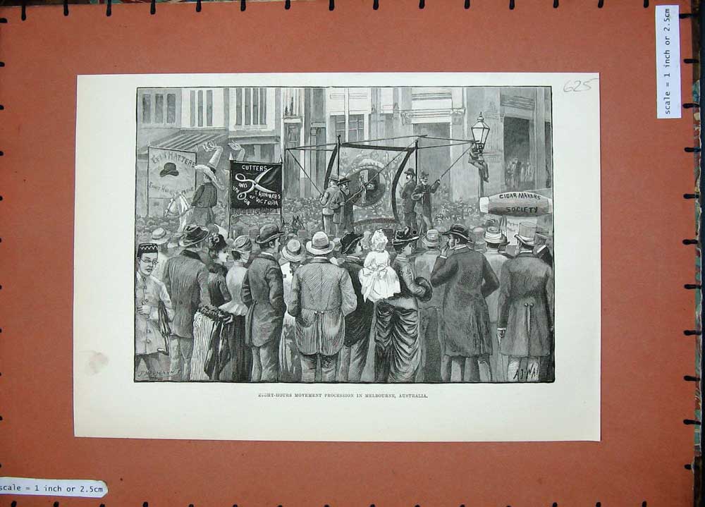 Old Antique Print 1889 Eight-Hours Procession Melbourne Australia People 19th