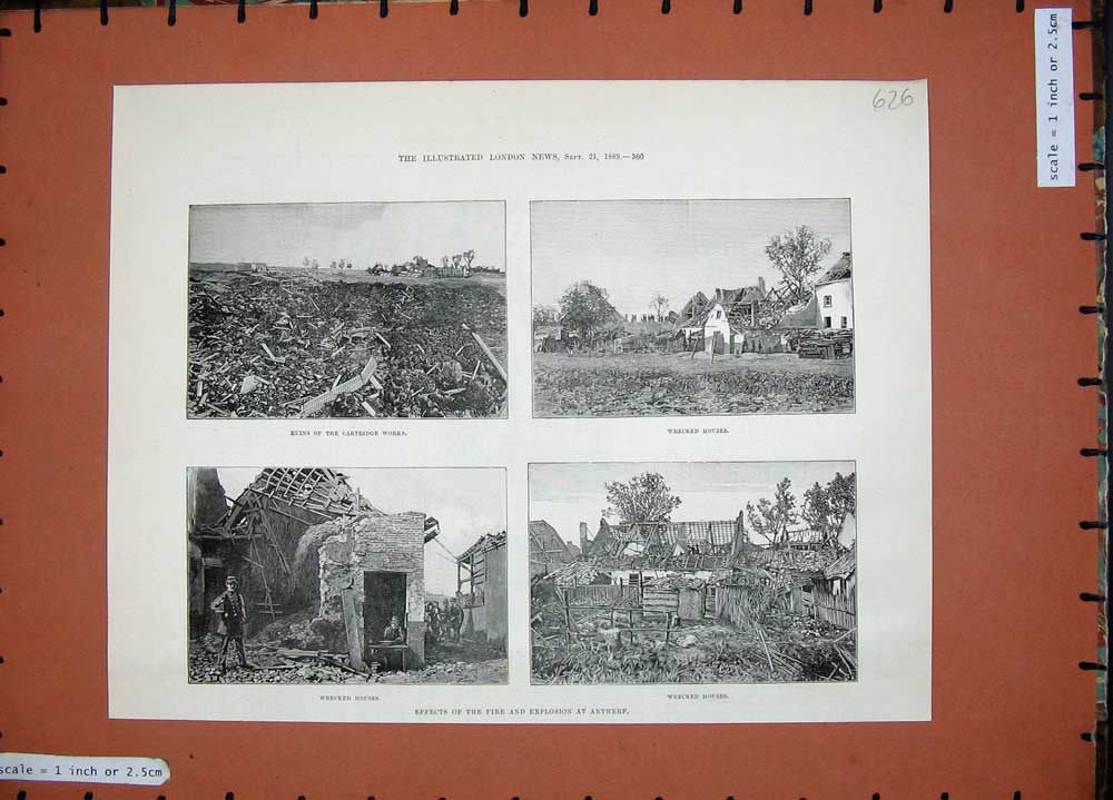 Original Old Antique Print 1889 Fire Explosion Antwerp Cartridge Works Houses